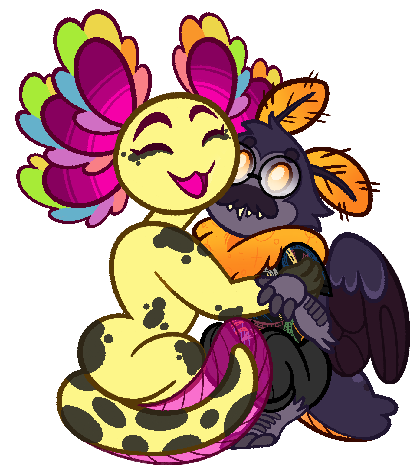 An illustration of Casper, a purple mothman, being hugged by Lemon, a pastel yellow axolotl with pink and rainbow accents. Casper looks confused while Lemon is giving an open-mouthed smile.