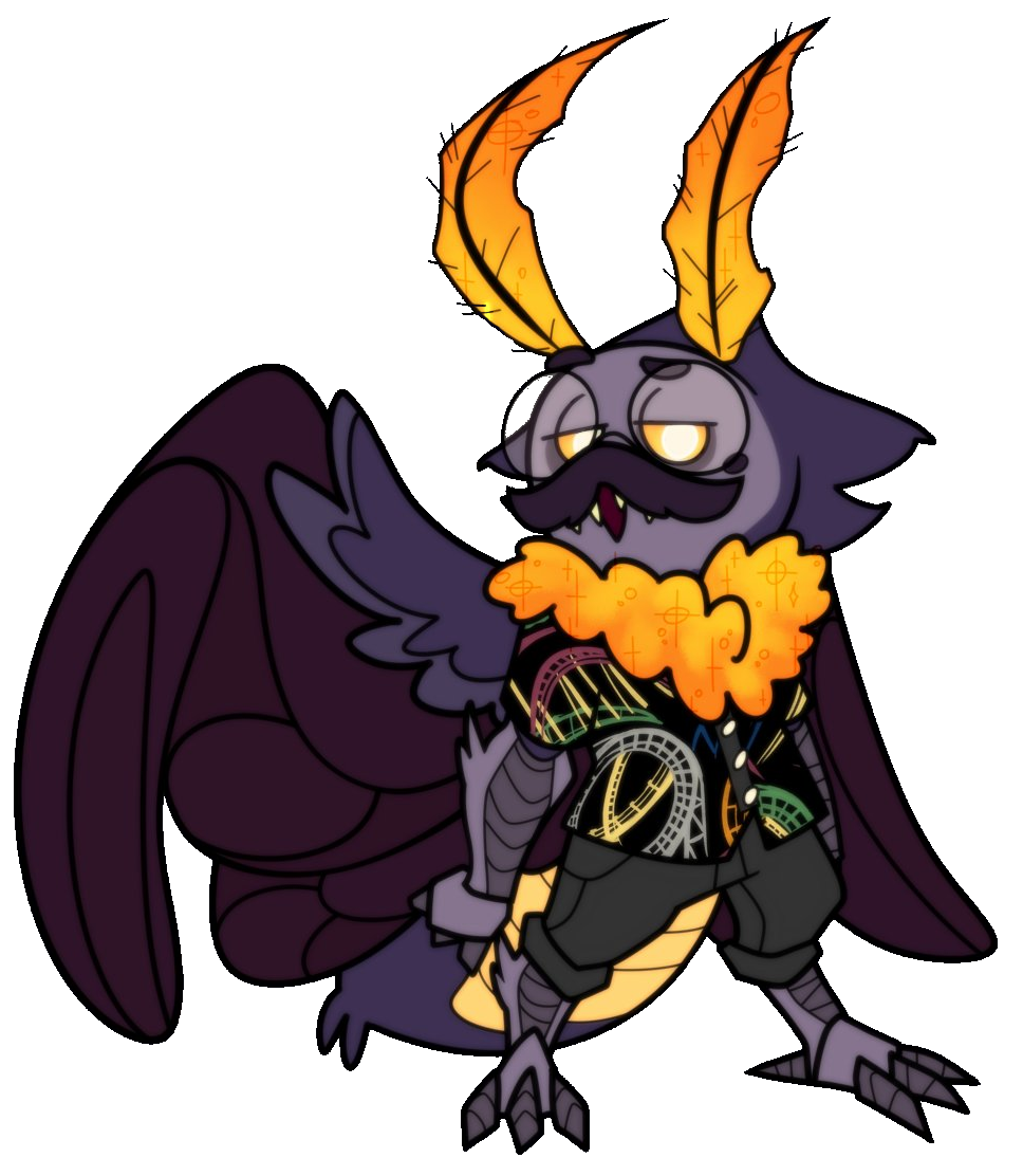 A cartoony illustration of Casper, a purple mothman with yellow accents. He is looking at the viewer with a smug expression and lidded eyes, his mouth popped open cheekily.