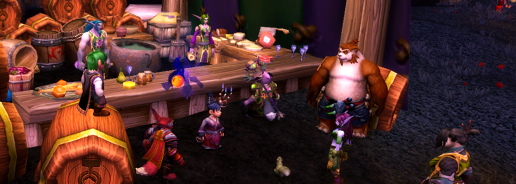 A screenshot from World of Warcraft. It shows a group of both Horde and Alliance players making merry at the beverage stand in The Darkmoon Faire.