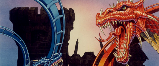 A cropped piece of concept art for Dueling Dragons, a Bolliger & Mabillard inverted dueling coaster. A red dragon is snarling on the right from its neck up while red and blue box spine tracks twist in the background.