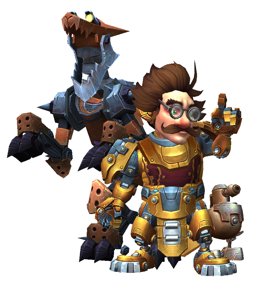A graphic of a male mechagnome wearing heritage plate armor. He has glasses, brown windswept hair, green eyes, and a mustache. He has one finger up and is standing with a wide stance at an angle. Behind him is a snarling scraphound, and a paintbot is walking at his left.