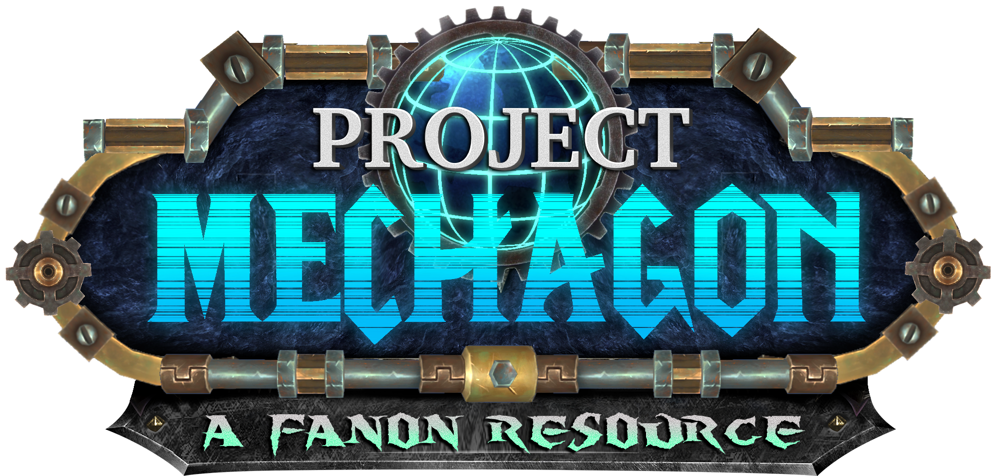 A World of Warcraft style logo in blue tones and a steampunk-style border reading Project Mechagon, A Fanon Resource.