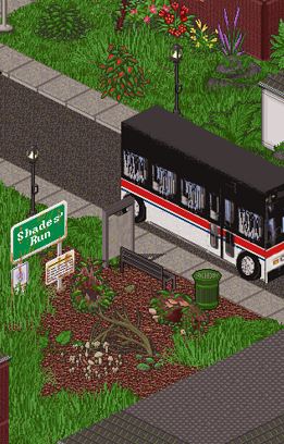 A screenshot of a player-made Furcadia dream. It overlooks a small town bus stop. A road sign reads Shades Run.