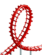 An animated gif of a section of red looping roller coaster track and a train traveling along it.